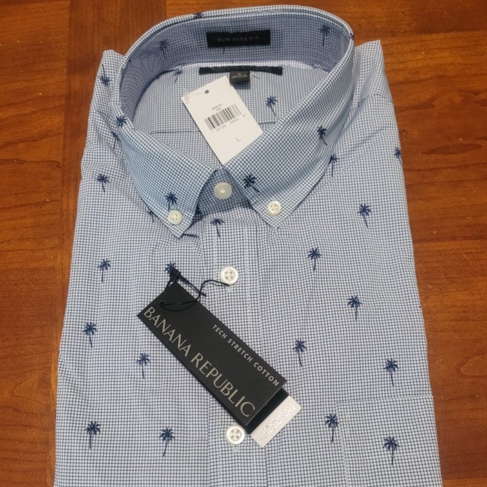 Men's Banana Republic Tech Stretch Cotton Shirt  Slim Flex Fit Large Blue/White